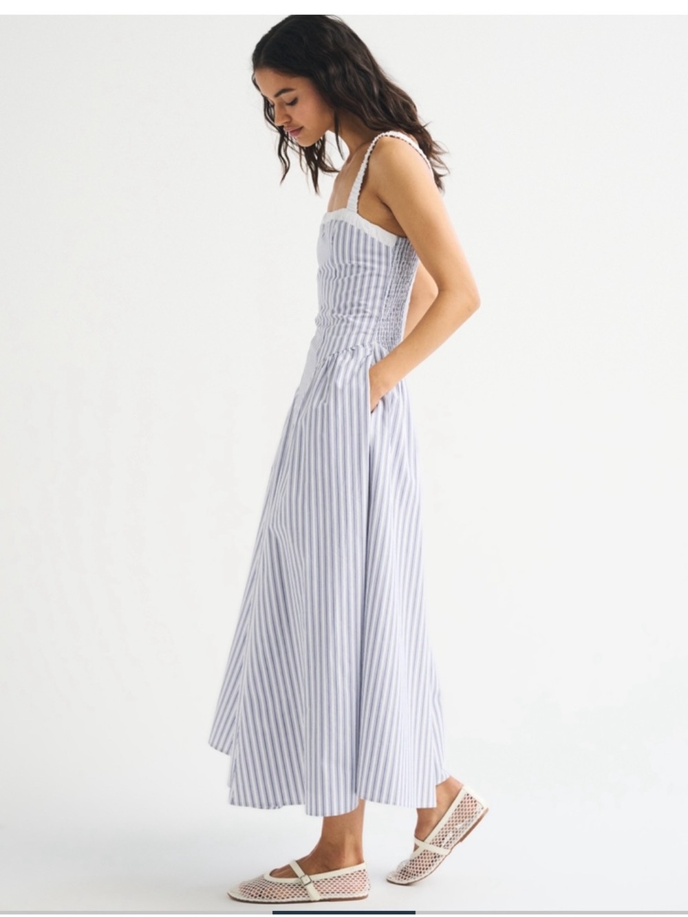 Abercrombie & Fitch Blue and White Striped Ruched Neckline Midi Dress - Picture 3 of 4